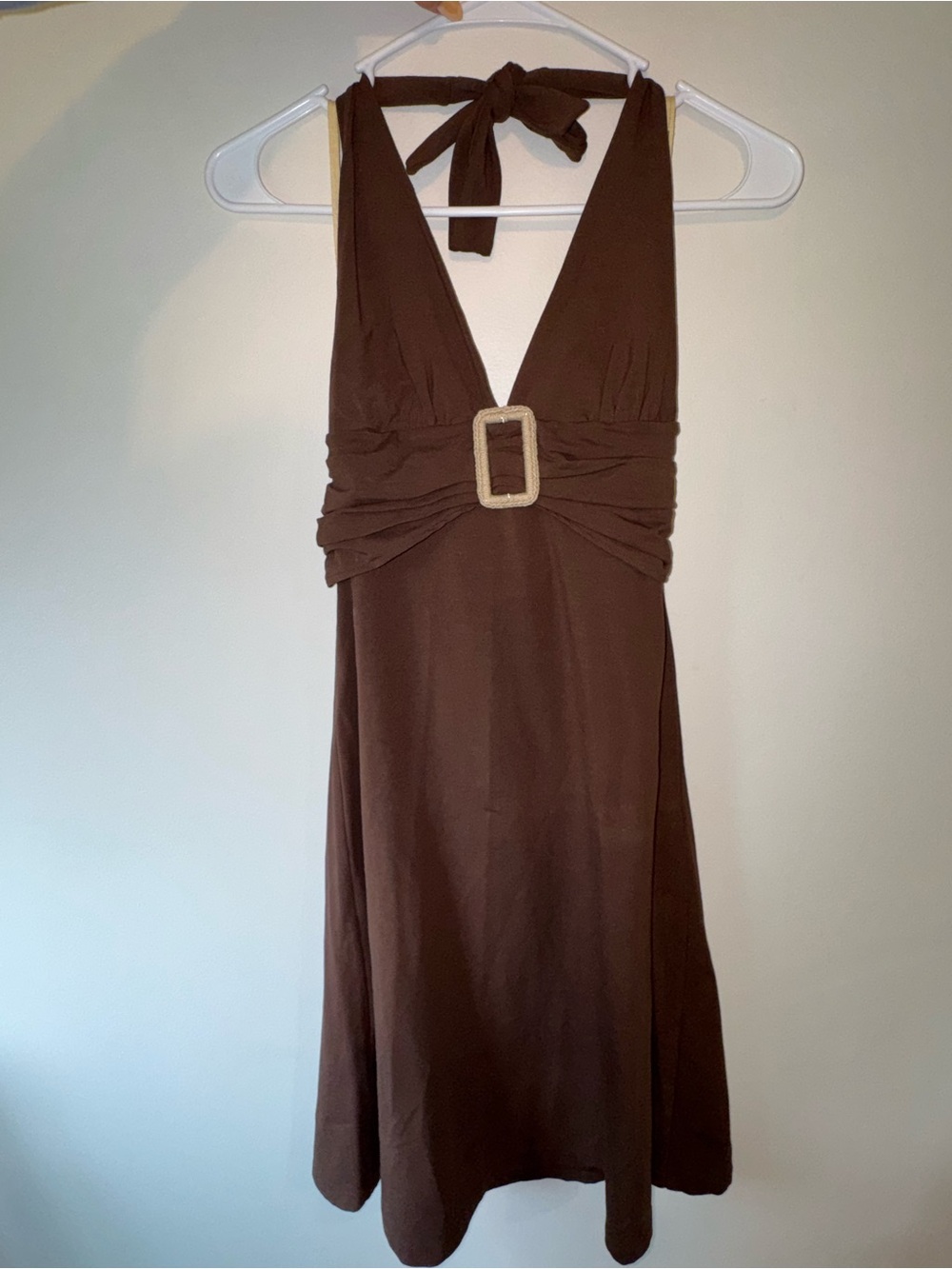 Tommy Bahama Spa Brown Solid Knit Halter V-Neck Mini Dress Tie Buckle XS